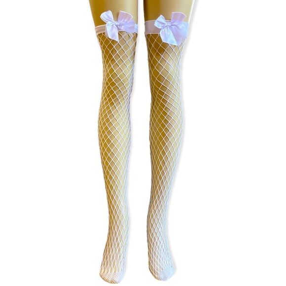 White Fishnet With Satin Bow Topper Above Knee Legwear Fishnet Stockings NEW - Picture 2 of 3